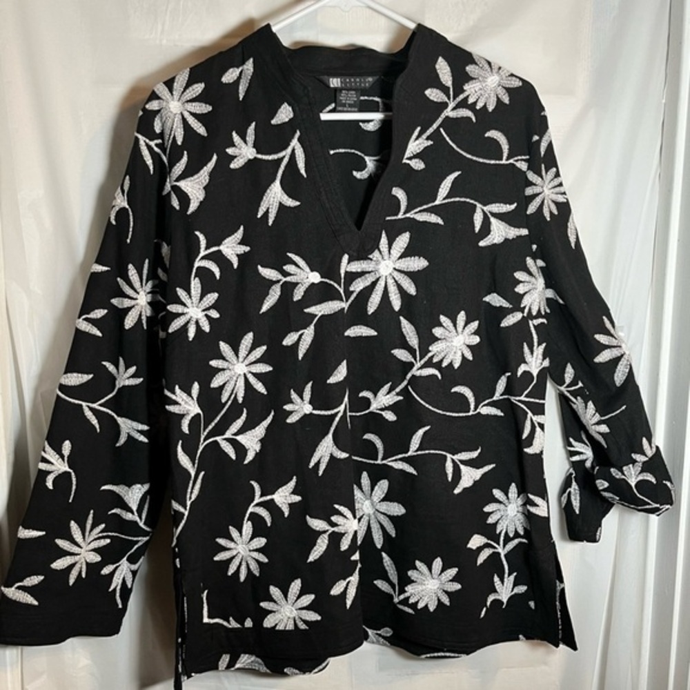 Carole Little Linen Floral Embroidered Tunic Women’s Size Large‎ Black & White